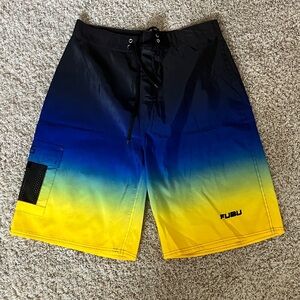 FUBU Gradient Black and Yellow Board Shorts Size 34 Like New